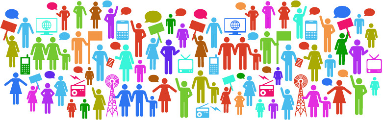 Several figures of people holding various media devices such as phones, televisions, computers